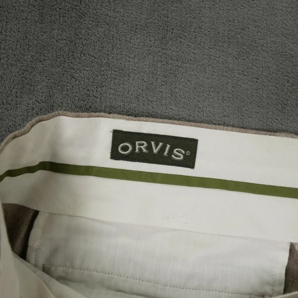 Orvis 100% Linen Pants Men 38x30.5 Oatmeal Brown Flat Front Straight Leg Coastal